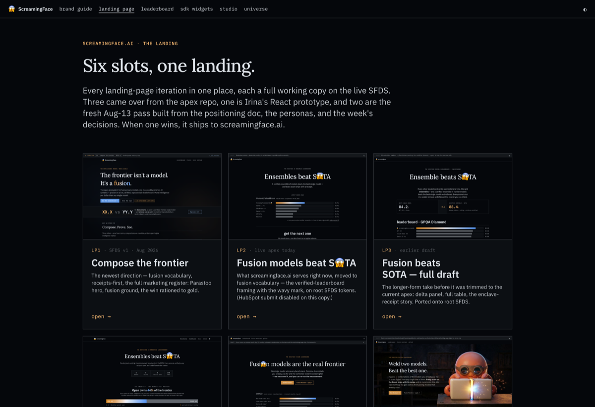 screamingface.ai — the landing-page iteration hub