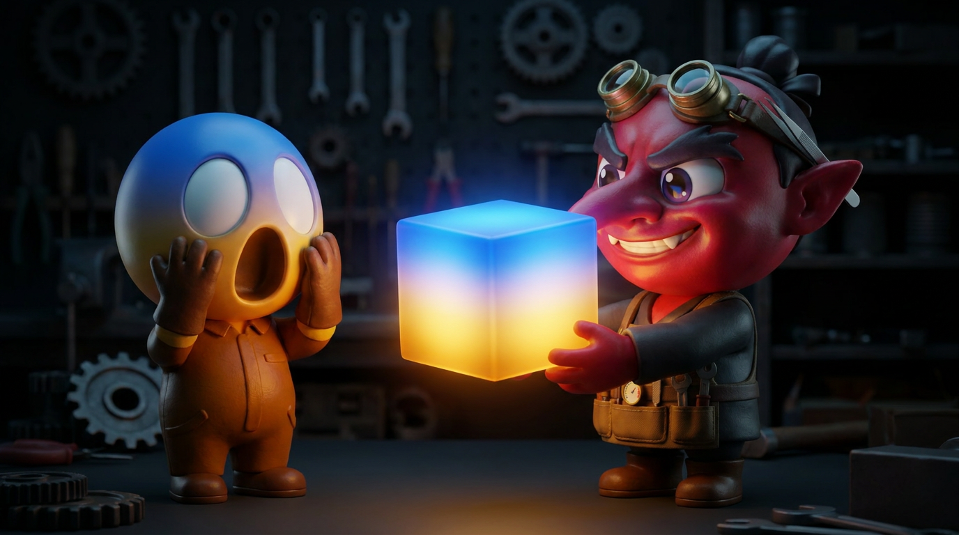 The reveal: the goblin presents the radiant fused model and the Maker screams