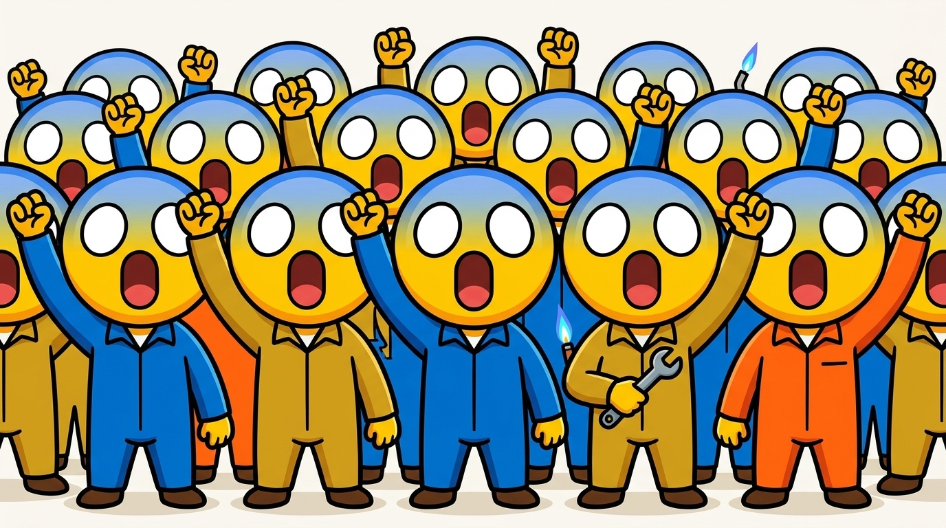 A squad of screaming-face mascots in colored coveralls, fists raised, ready to work